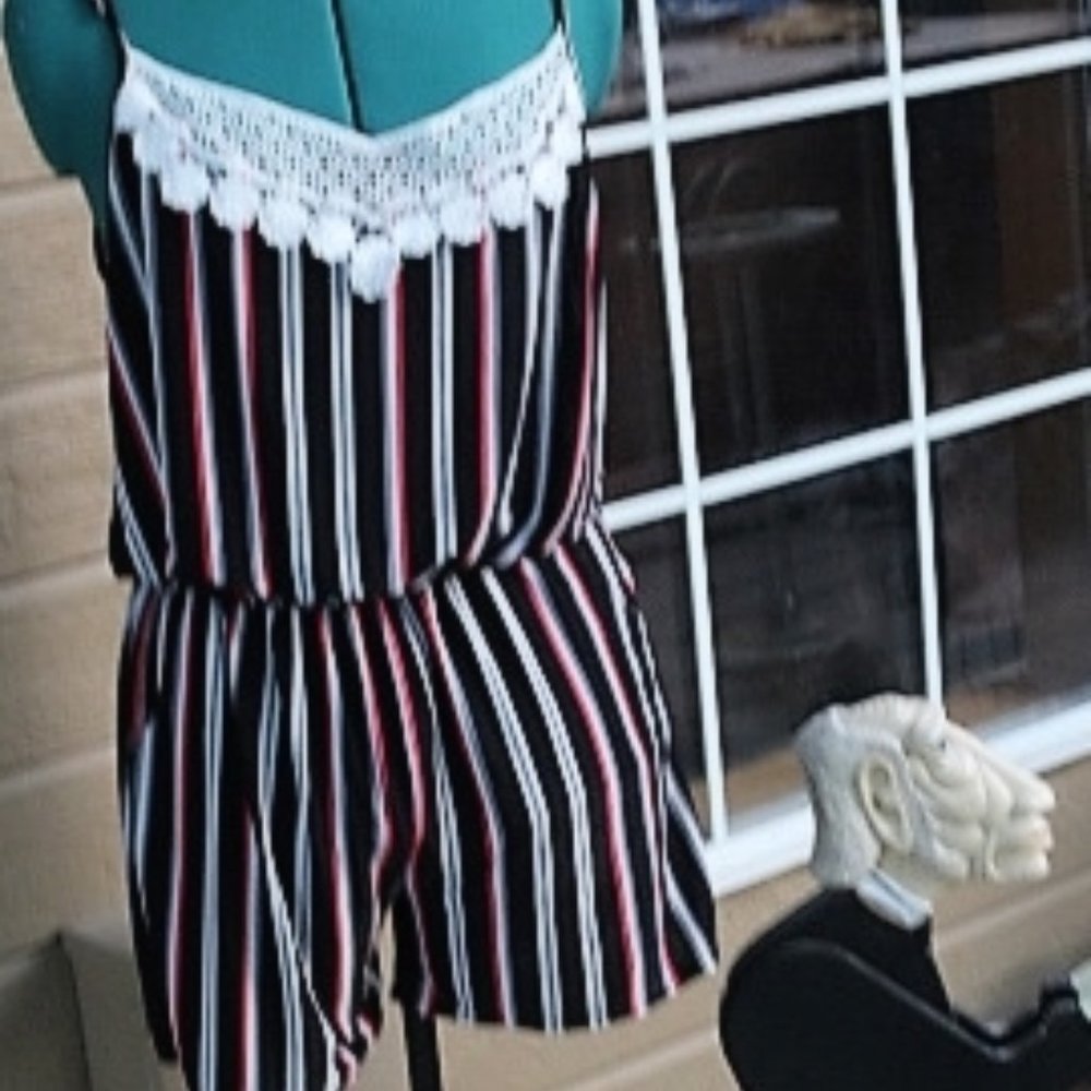 Short jumper/ tank size large , lace accents on black white and gray pinstrips